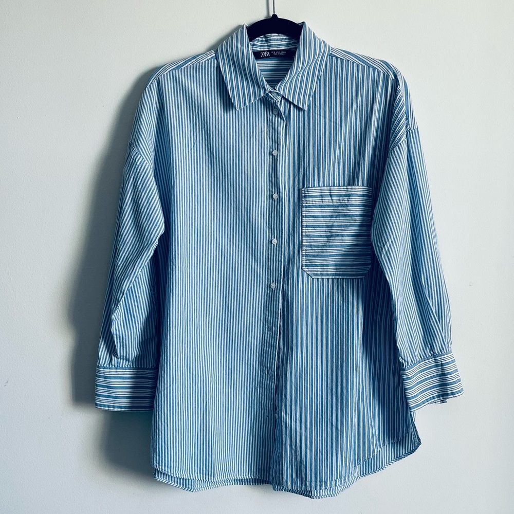 ZARA Blue Striped Women's Button Down Shirt Size S